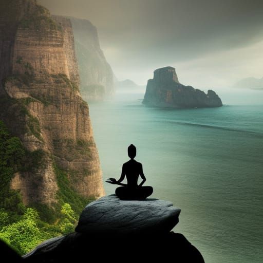 Meditator Silhouette on Cliff: Epic Digital Painting