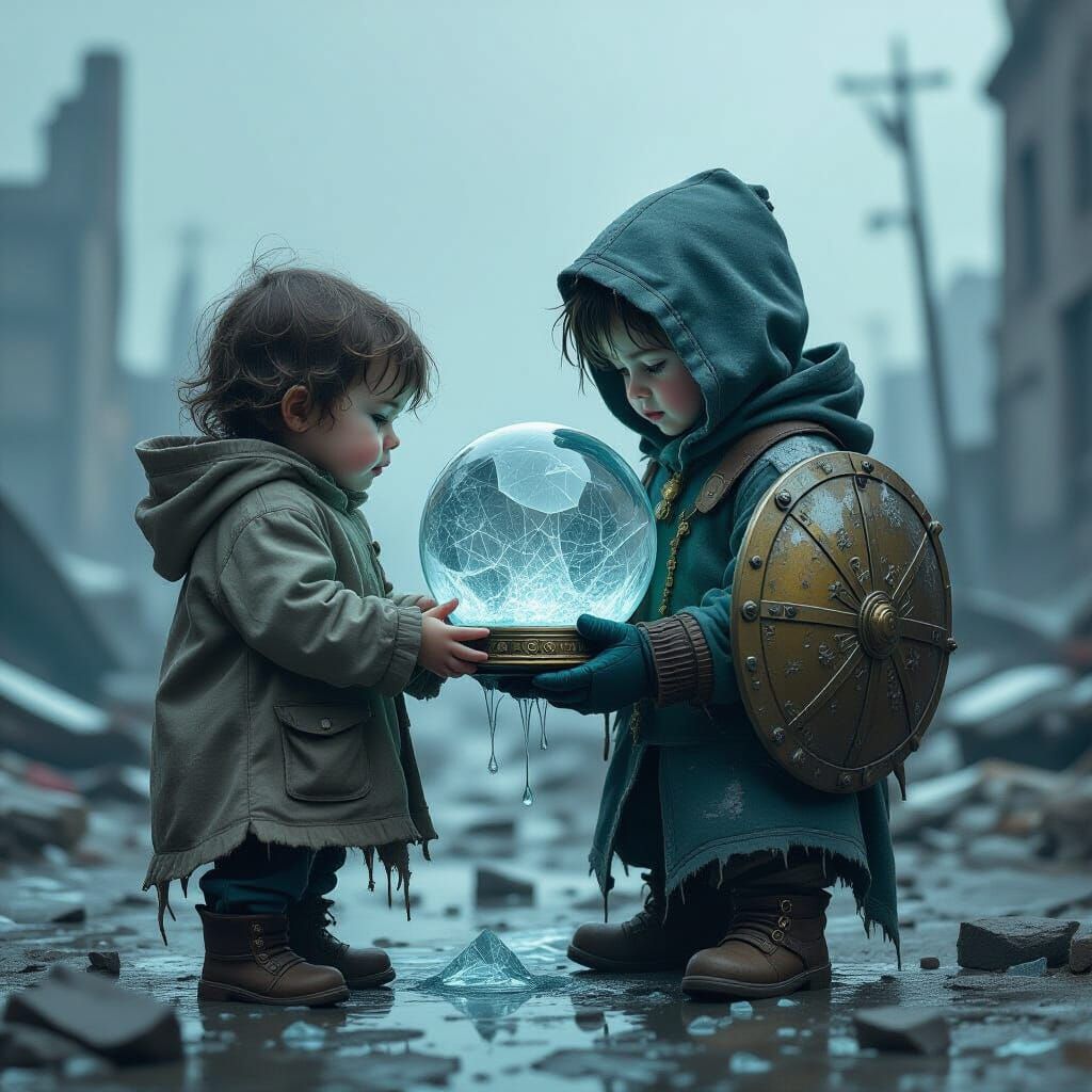 Dystopian Snow Globe: Child Grieving a Shattered World