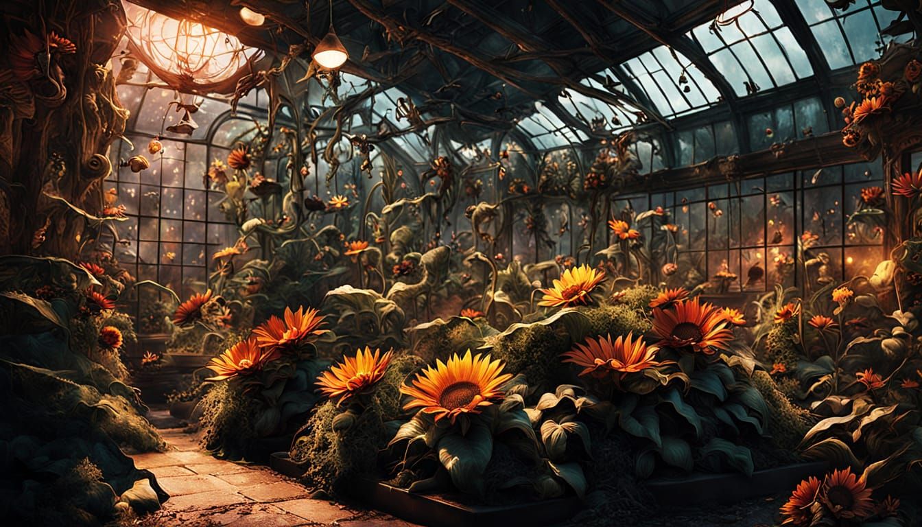 Eerie Greenhouse Garden with Carnivorous Plants