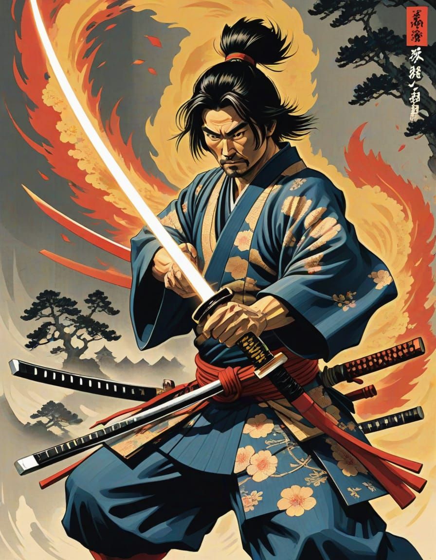 Surreal Samurai Master Slices Through the Wind in a Cyberpun...