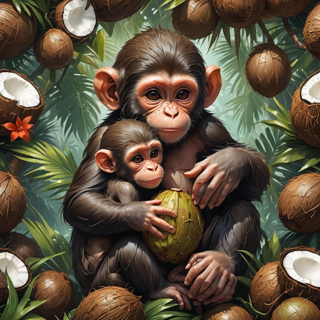 Chubby Monkey Hugging Coconut: Digital Art Portrait