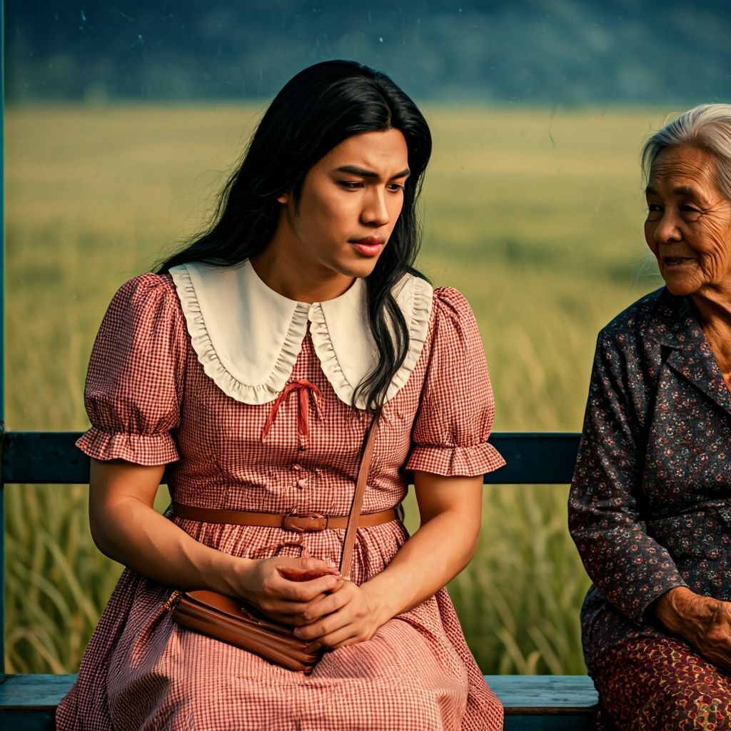 Young Man Crossdressing at Country Bus Stop