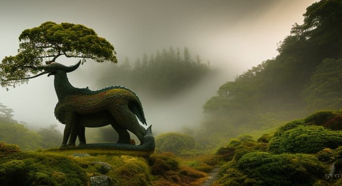 Ancient Stone Dragon Statue in Misty Forest
