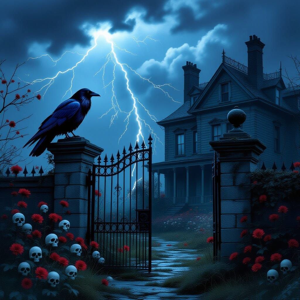 A Lone Raven on an Abandoned Mansion in a Haunting Rembrandt...