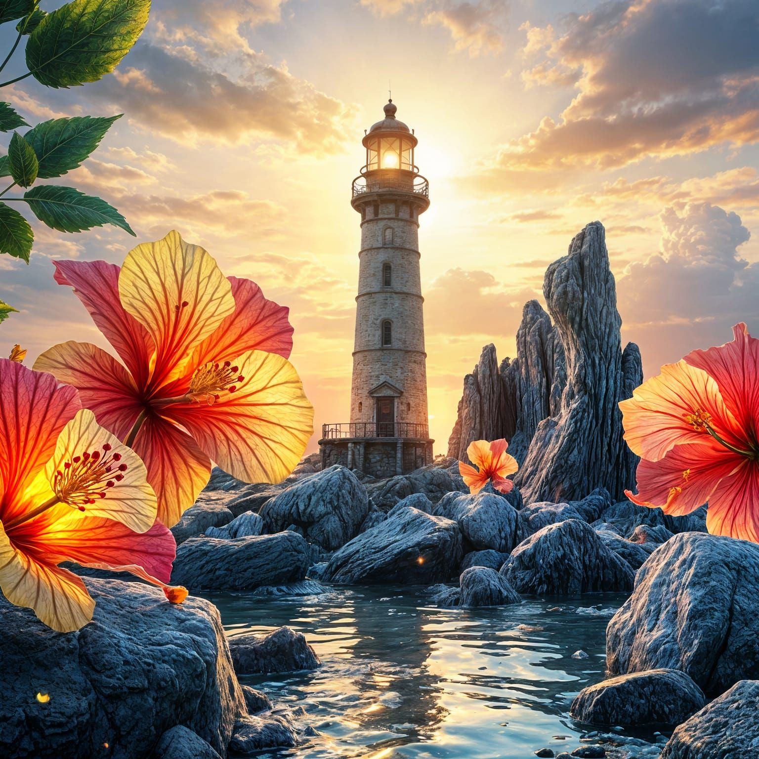 Lighthouse in Hibiscus Flower with Bioluminescent Fairies