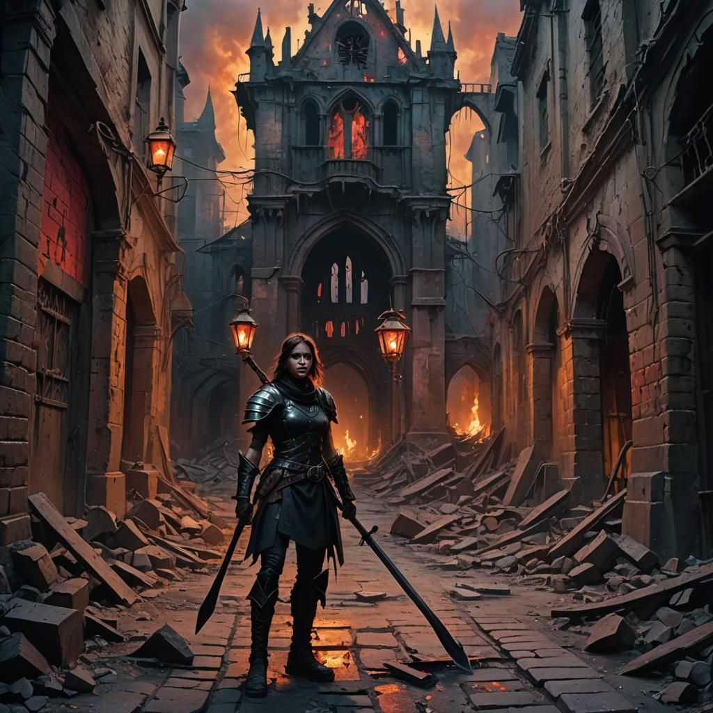 Fantasy Warrior in Gothic Alleyway: Fauvist Oil Painting