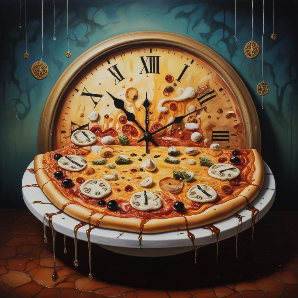 Surreal Pizzeria with Melting Pizza-Clocks in Dreamlike Styl...