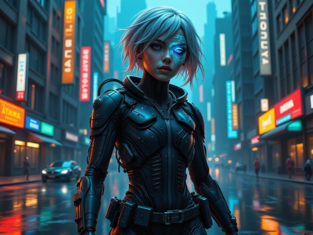Cyberpunk Detective with Glowing Blue Eye in Dystopian City