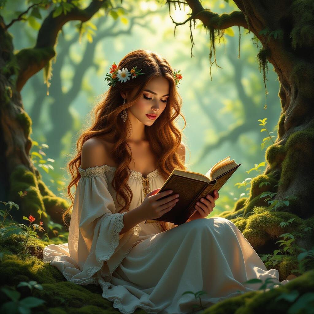 Serene Woman Reads in Sun-Dappled Ancient Forest