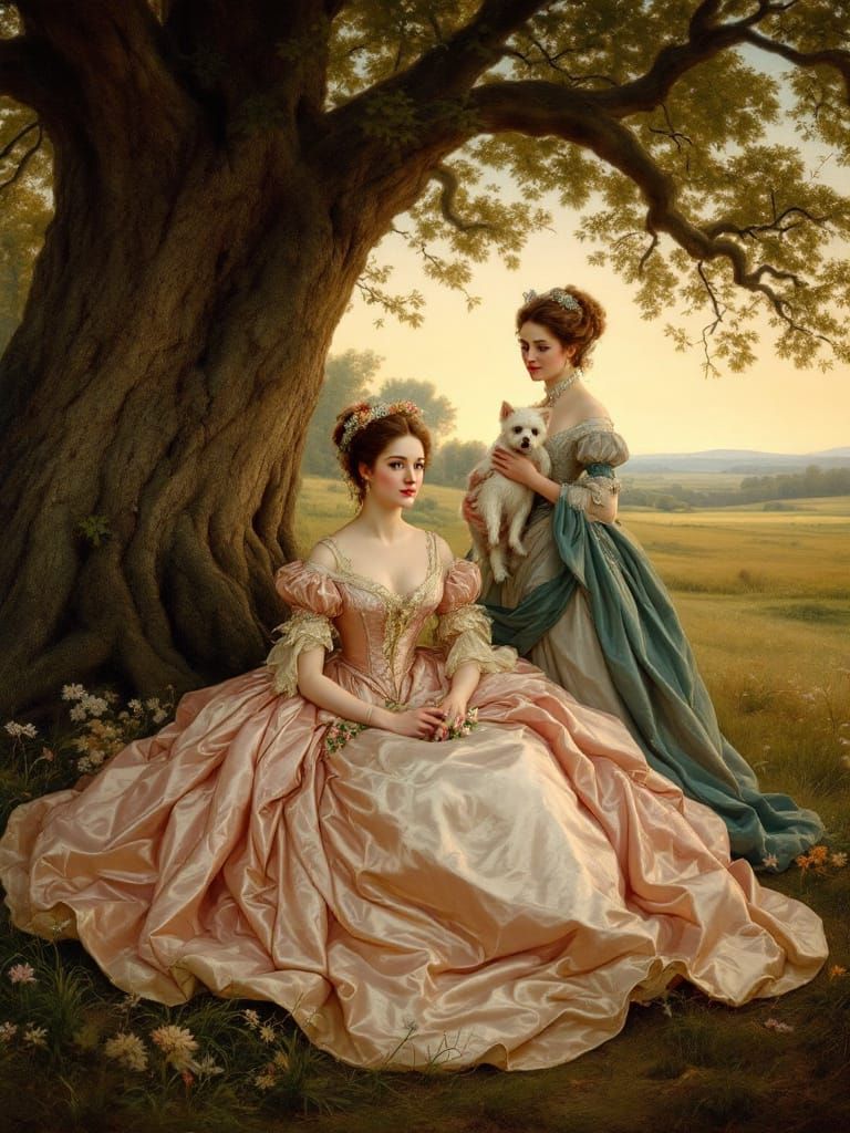 Georgian Ladies with Dog Beneath Ancient Oak