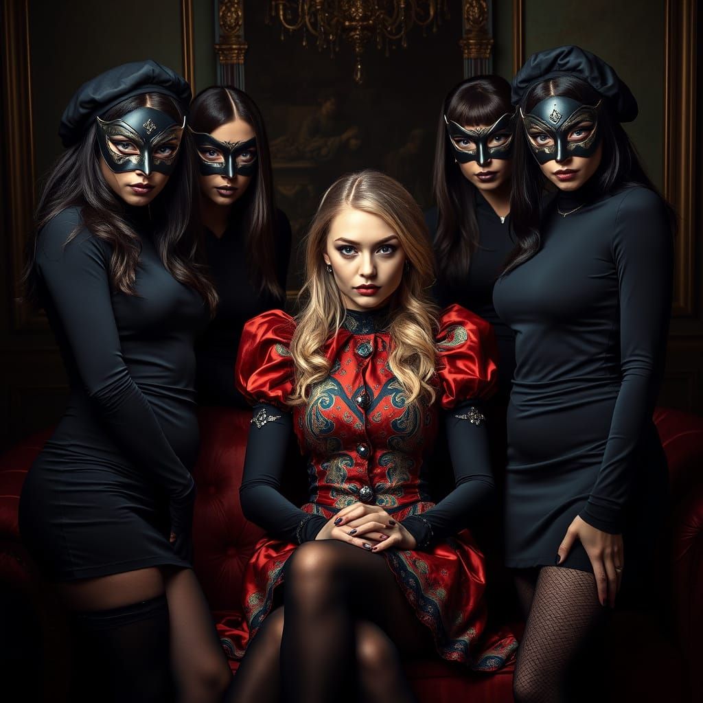 Sleek Women in Black Unmask a Vibrant Blonde in Baroque Styl...