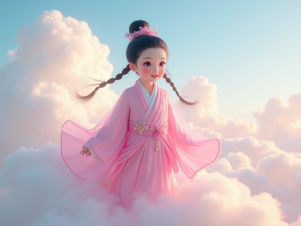 Chinese Daoist Immortal Ho Sen Ku Floating on Cloud