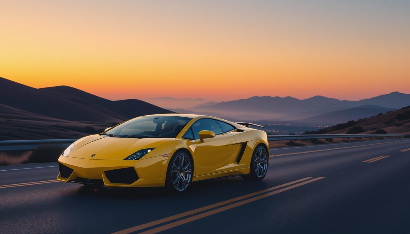 Yellow Lamborghini on Deserted Highway at Dusk