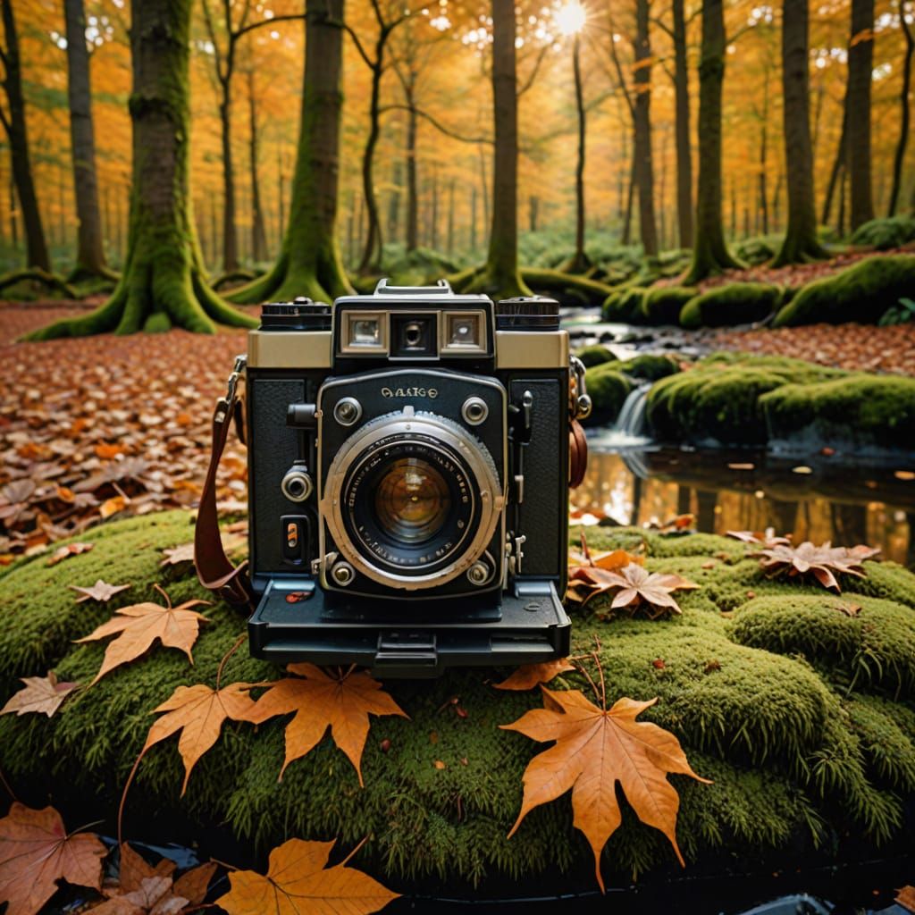 A crisp, clear, photorealistic autumn forest scene featuring a giant vintage camera partially embedded into the forest f...