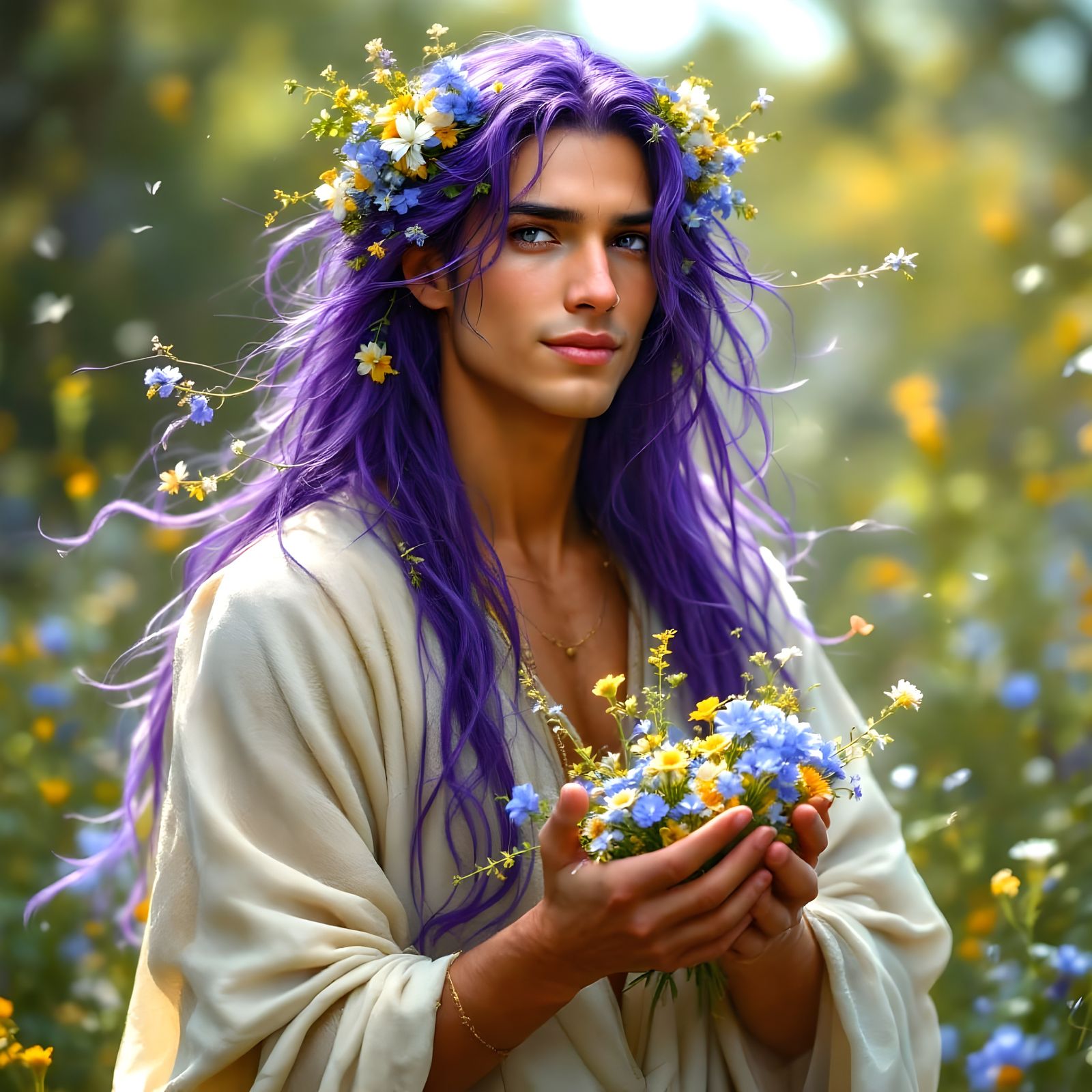 Ethereal Young Man in a Floral Meadow Scene, in Dreamy, Whim...