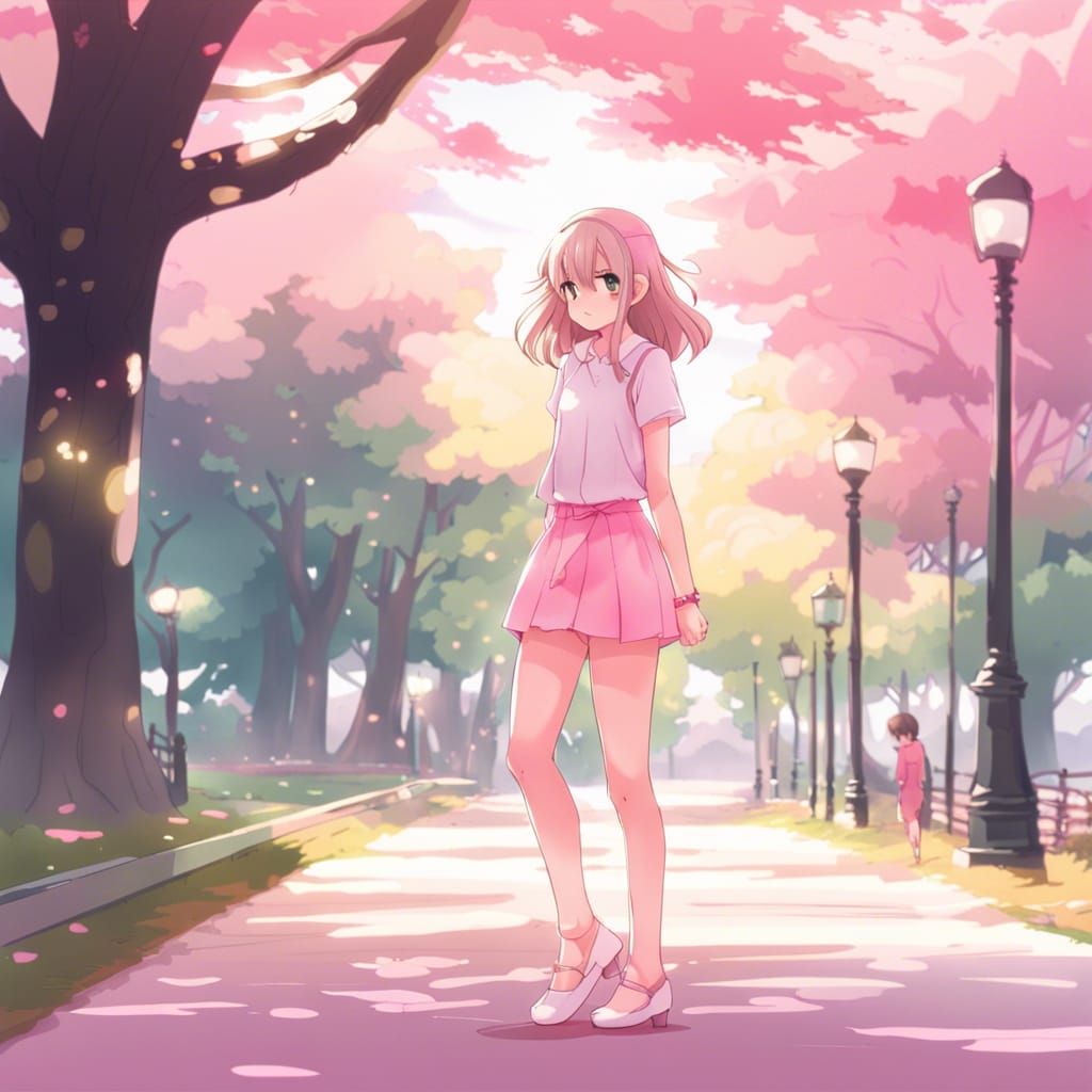 Anime Girl in Pink Walking in Park