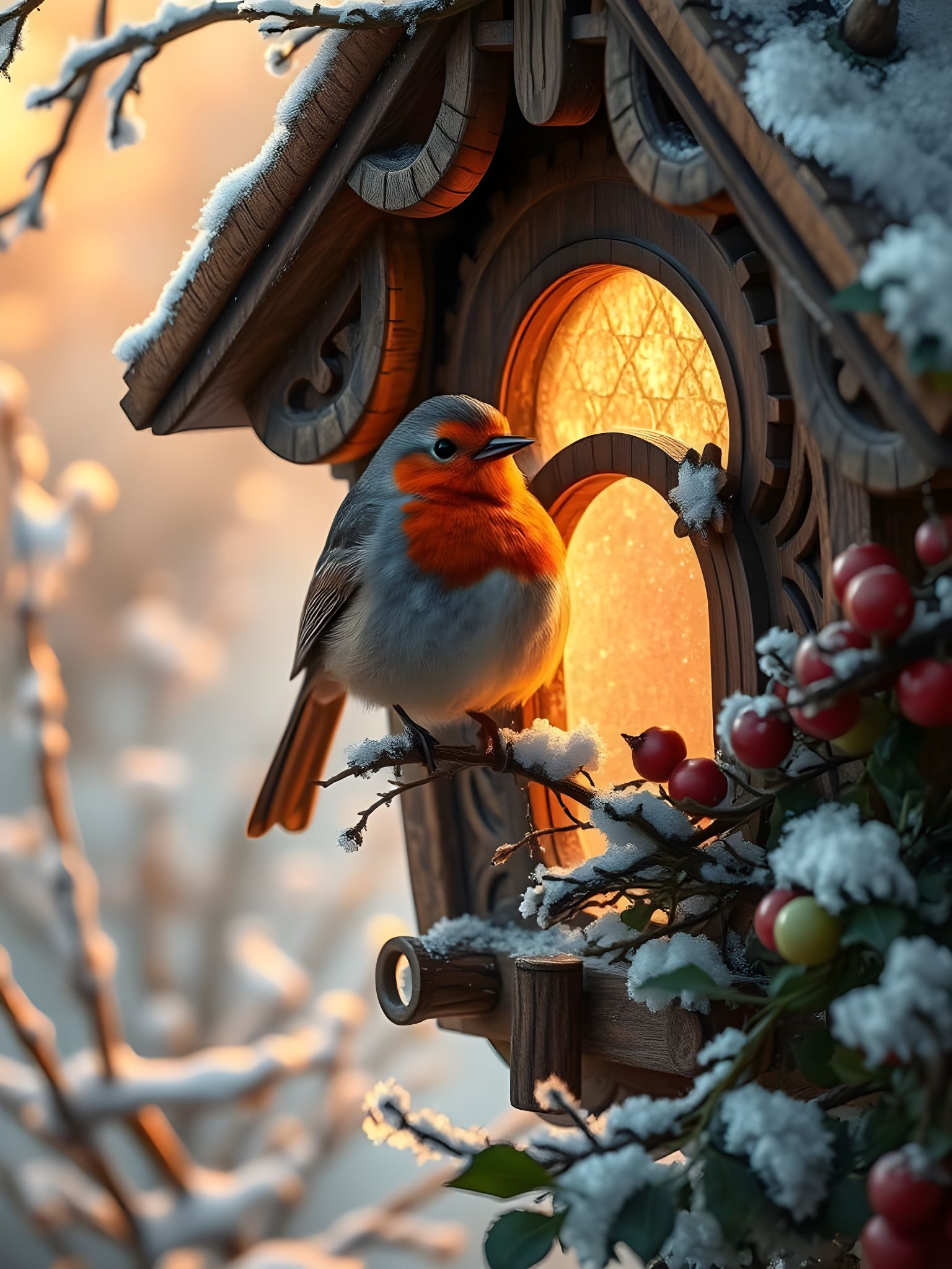 Birdhouse in Snowy Garden at Dawn