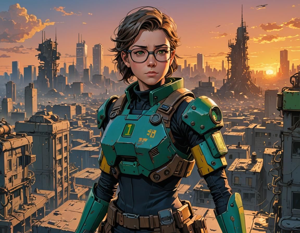 Vault Dweller in Post-Apocalyptic City, Manga Style