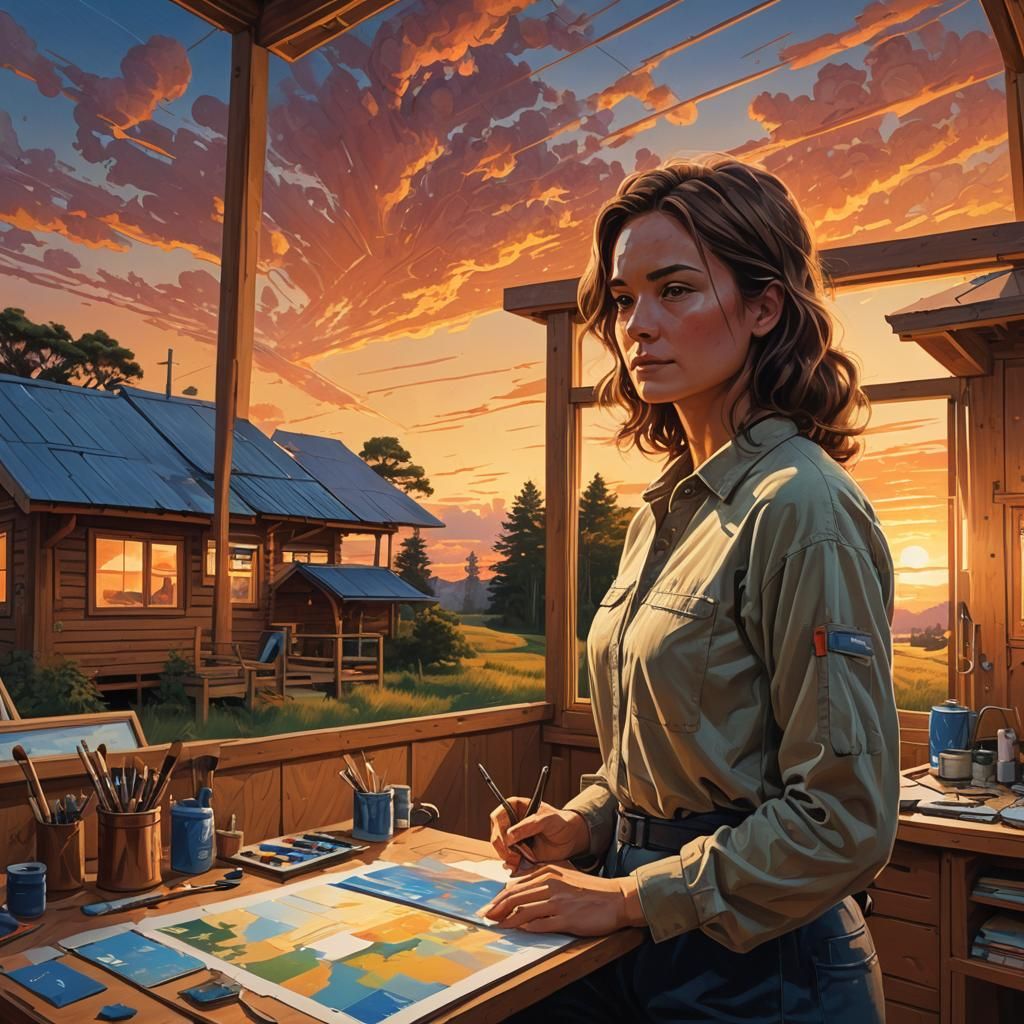 Woman in Futuristic Cabin with Brush, Illuminated by Sunset
