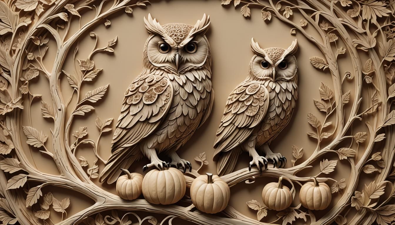 Intricate Owl Carving on Pumpkin