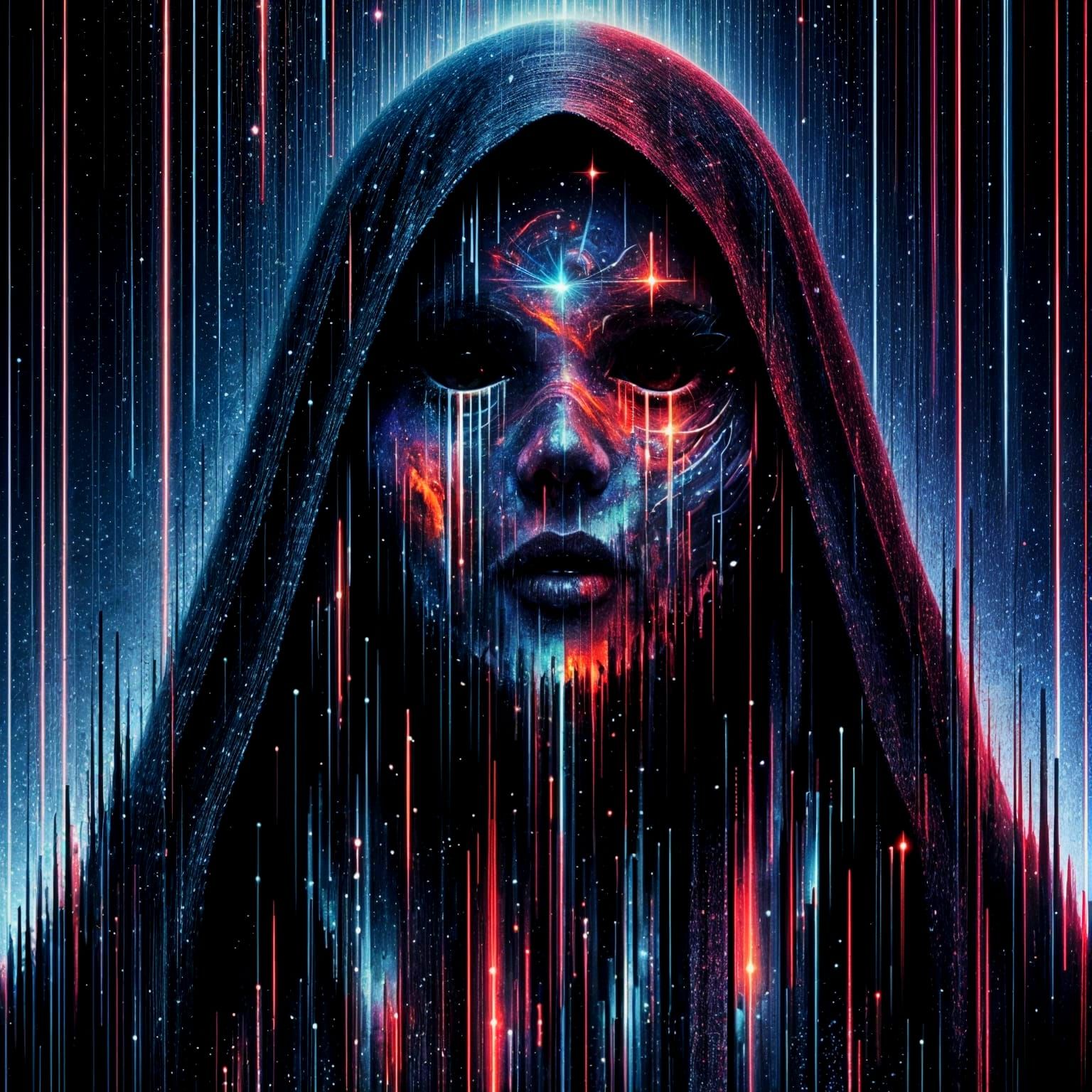 A digital glitch artwork of a hooded figure with a cosmic, s...