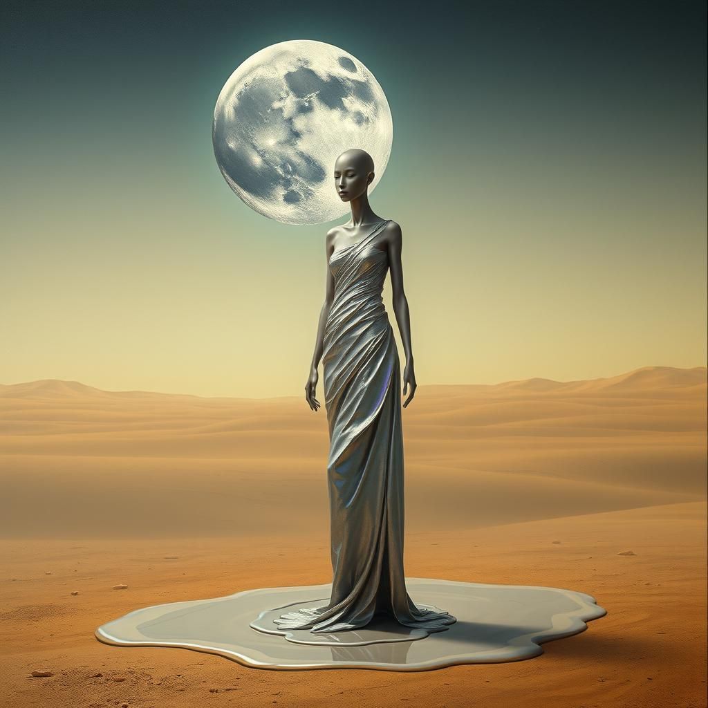 Ethereal Figure Under Dreamlike Moon in Surreal Landscape