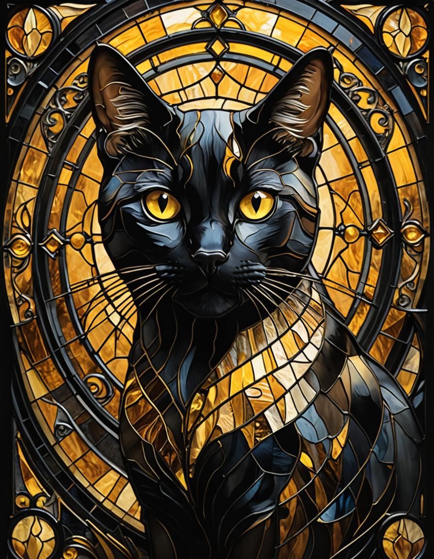 Stained Glass Black Cat Abstract Portrait in 3D