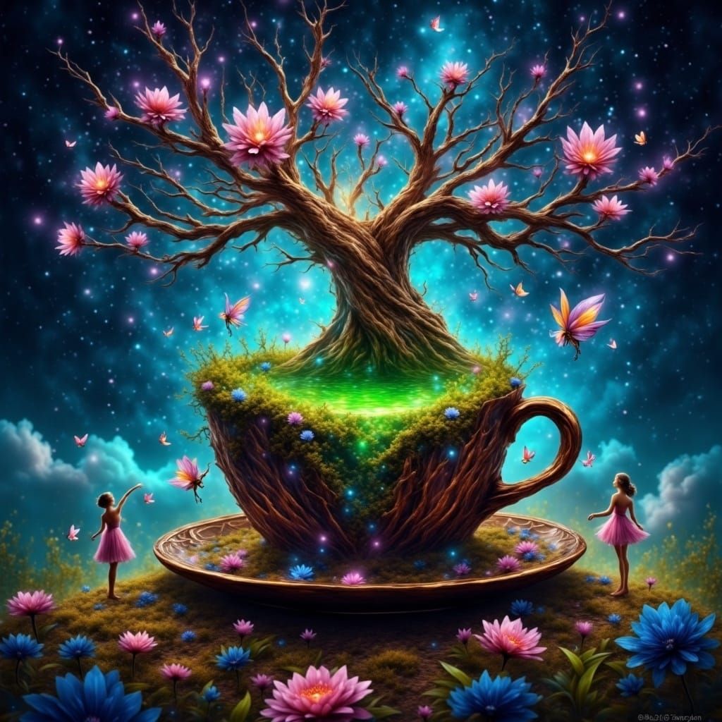 Fairyland Scene with Ancient Tree and Dancing Fairies