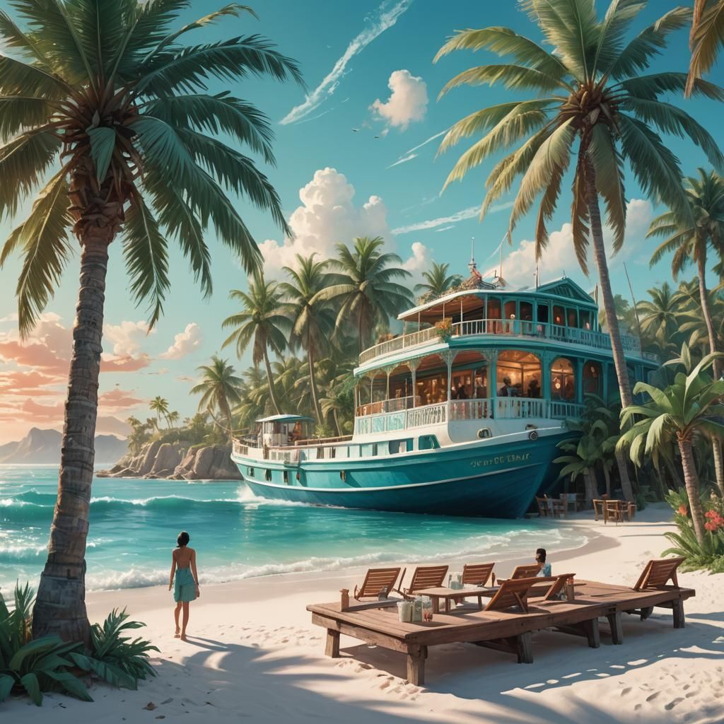Tropical Paradise with Boat, Cafe, and Beach in Fantasy Styl...