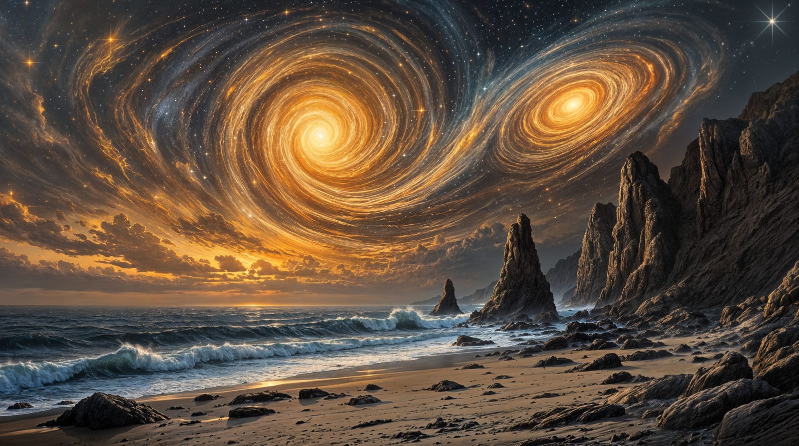 Hyperrealistic Twilight Seascape with Cosmic Pillars