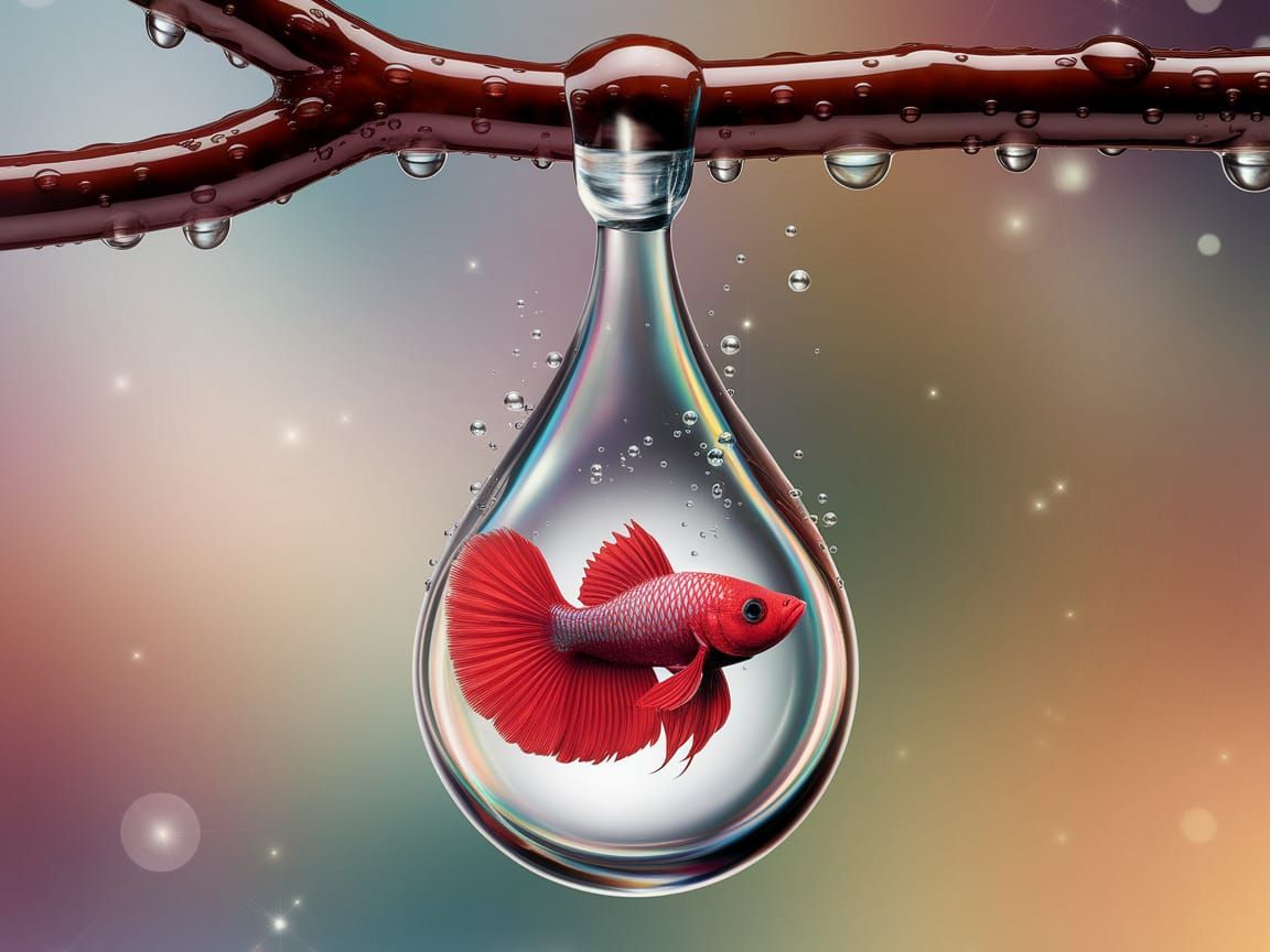 Vibrant Betta Fish in a Teardrop Water Droplet