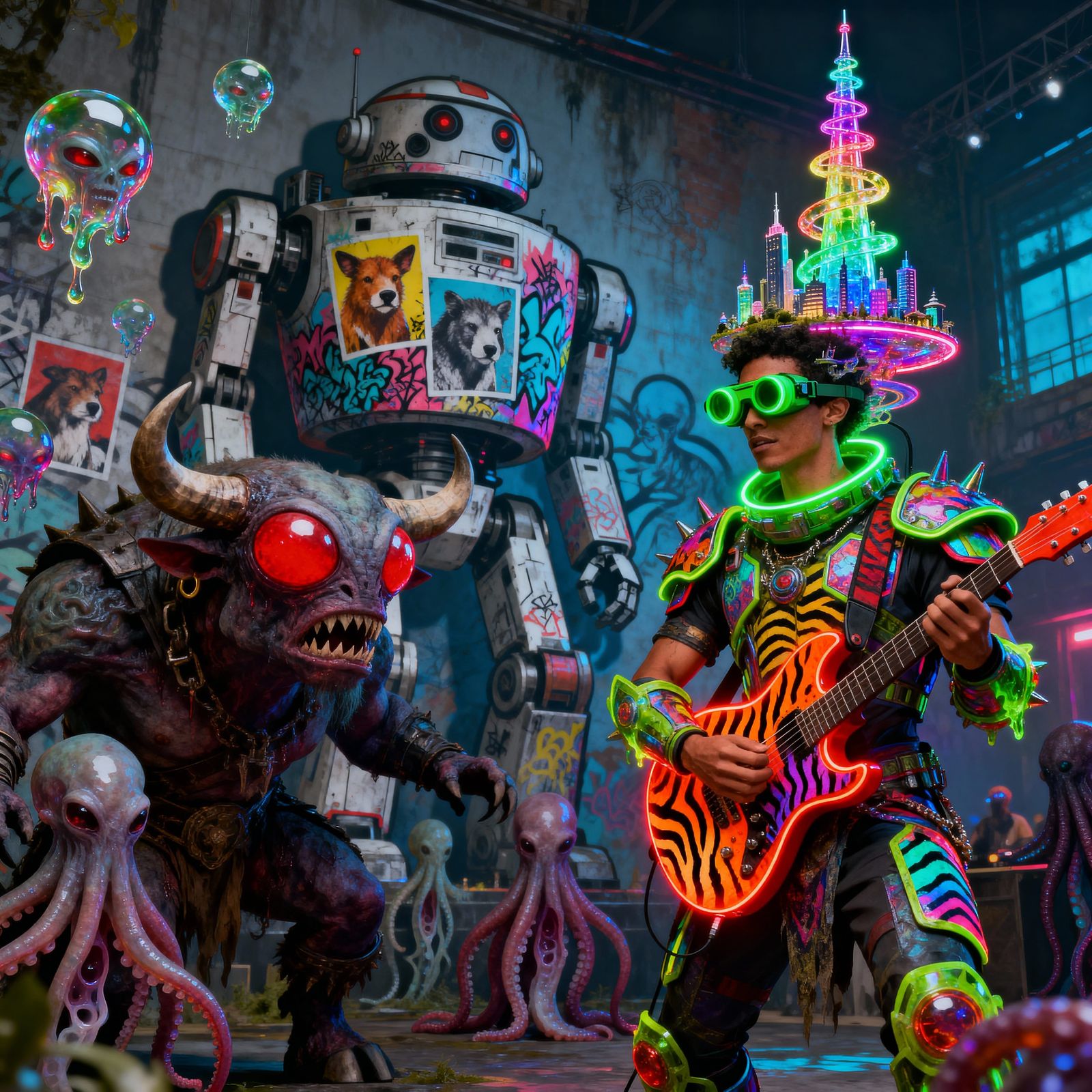 Gothic Alien Minotaur Warlord with Psychedelic Rave Scene