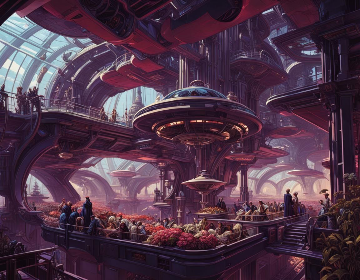 Maximalist Spacedock Scene in Art Nouveau Style