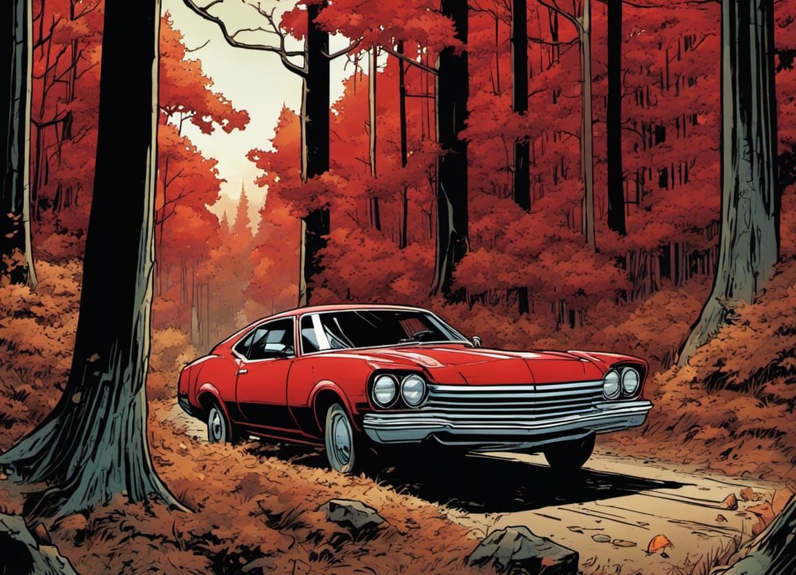 Red Car in Autumn Forest, Comic Book Art