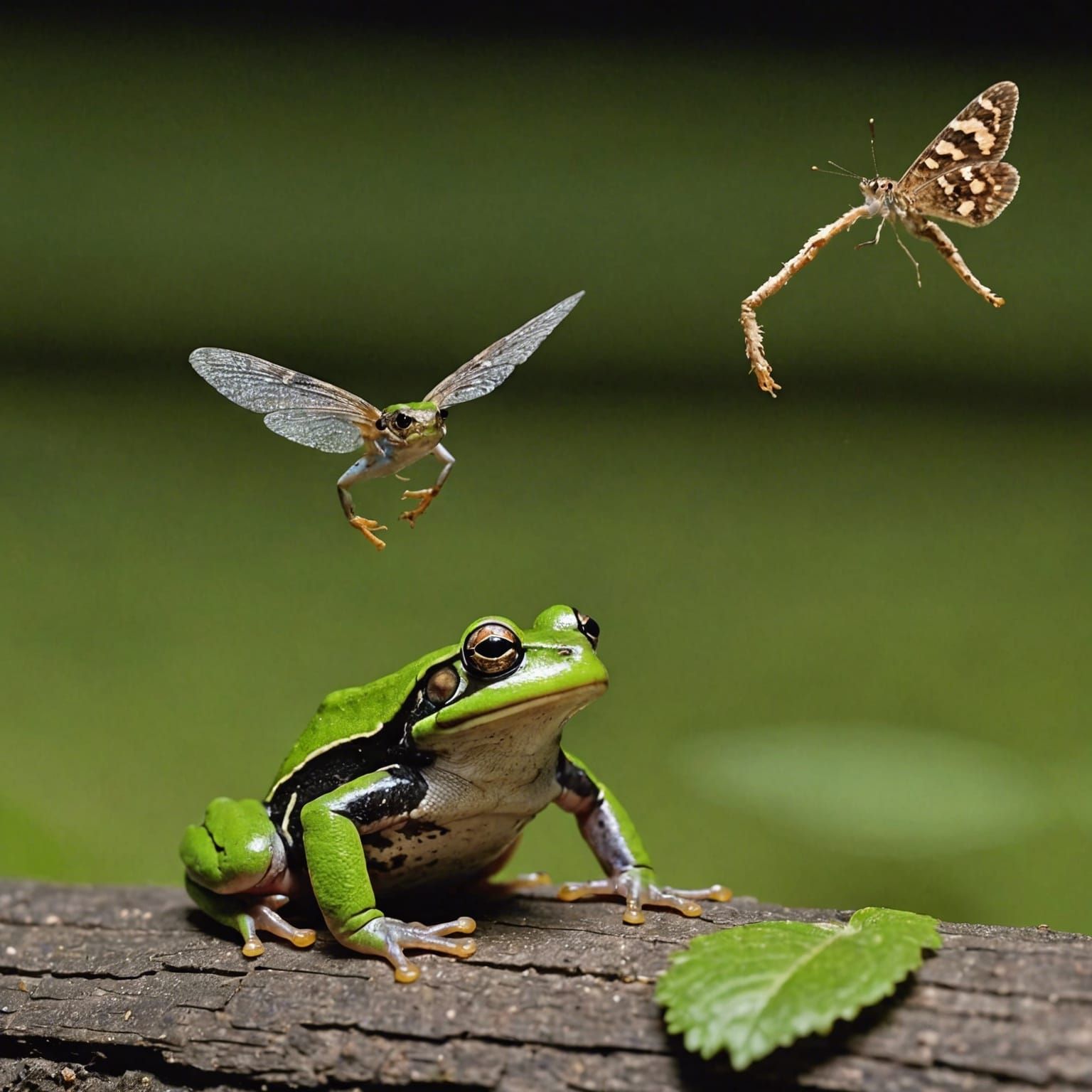 Frog Leaping to Catch Moth in Flight
