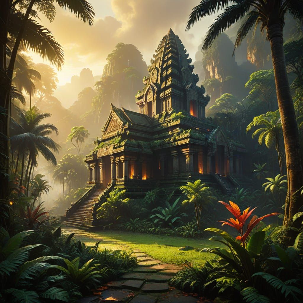 Temple in Jungle: Vibrant Oil Painting with Golden Light