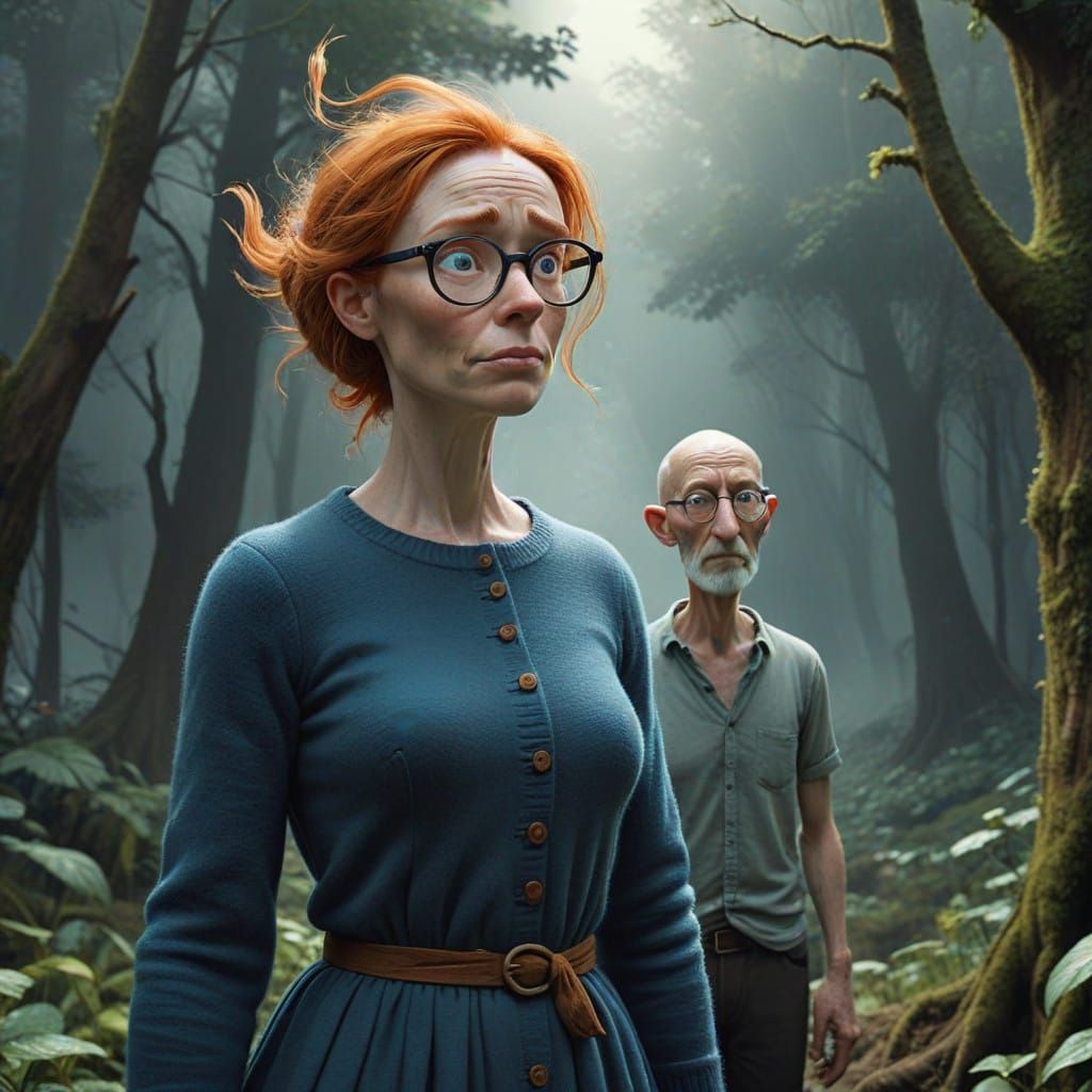 Whimsical Portrait of a Confused Duo in a Dreamlike Landscap...