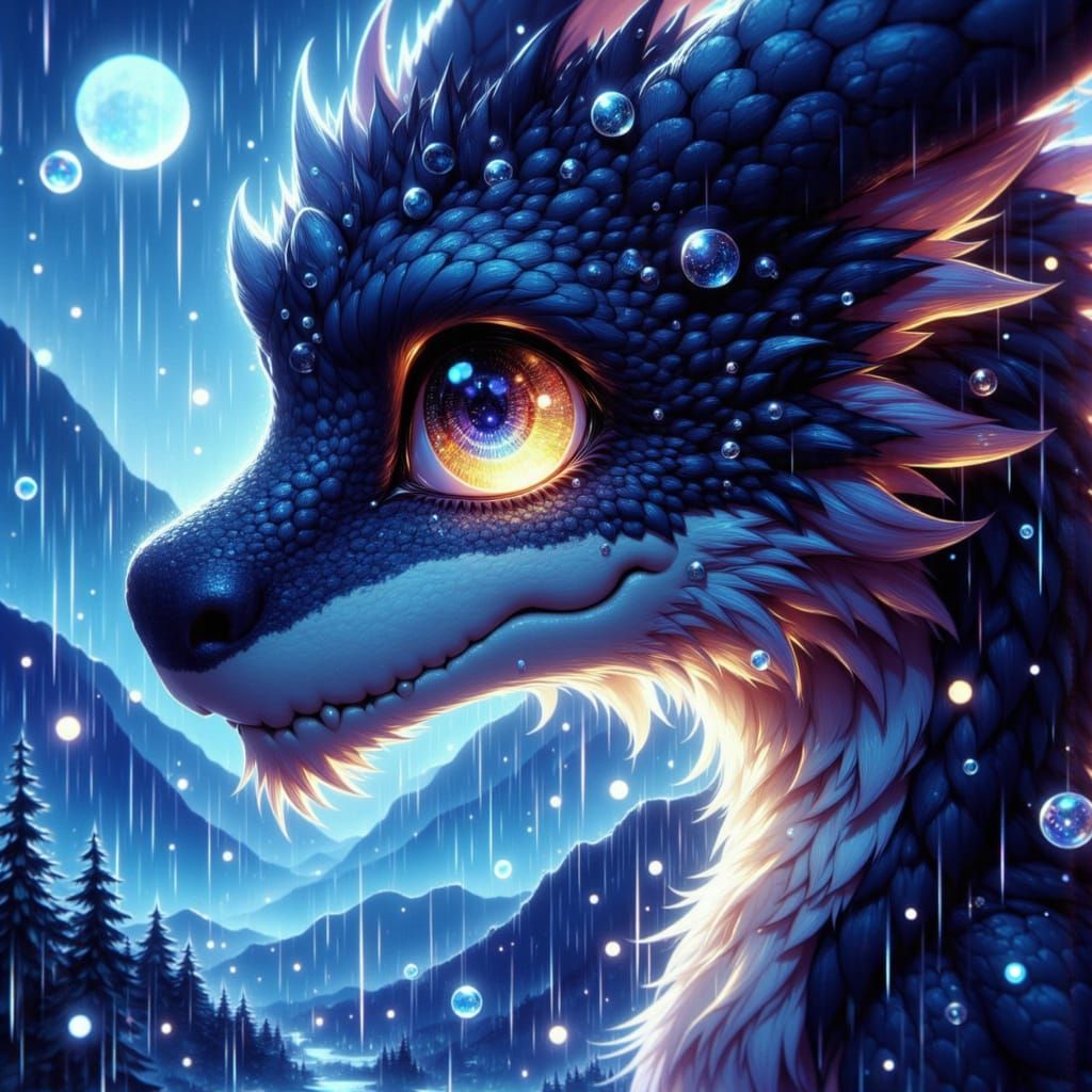 Sad Dragon in Rainy Fantasy Landscape in Studio Ghibli Style