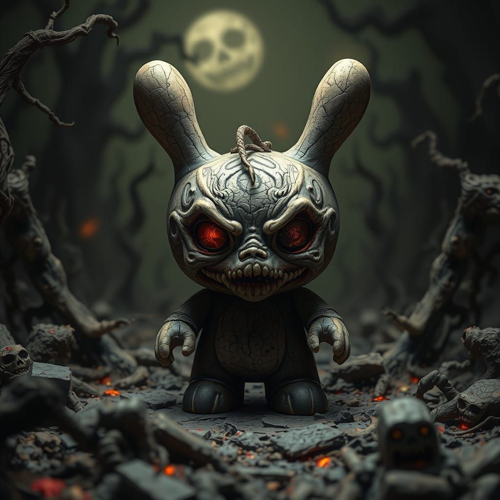 Gothic Dunny Figurine in a Haunting Macabre Landscape