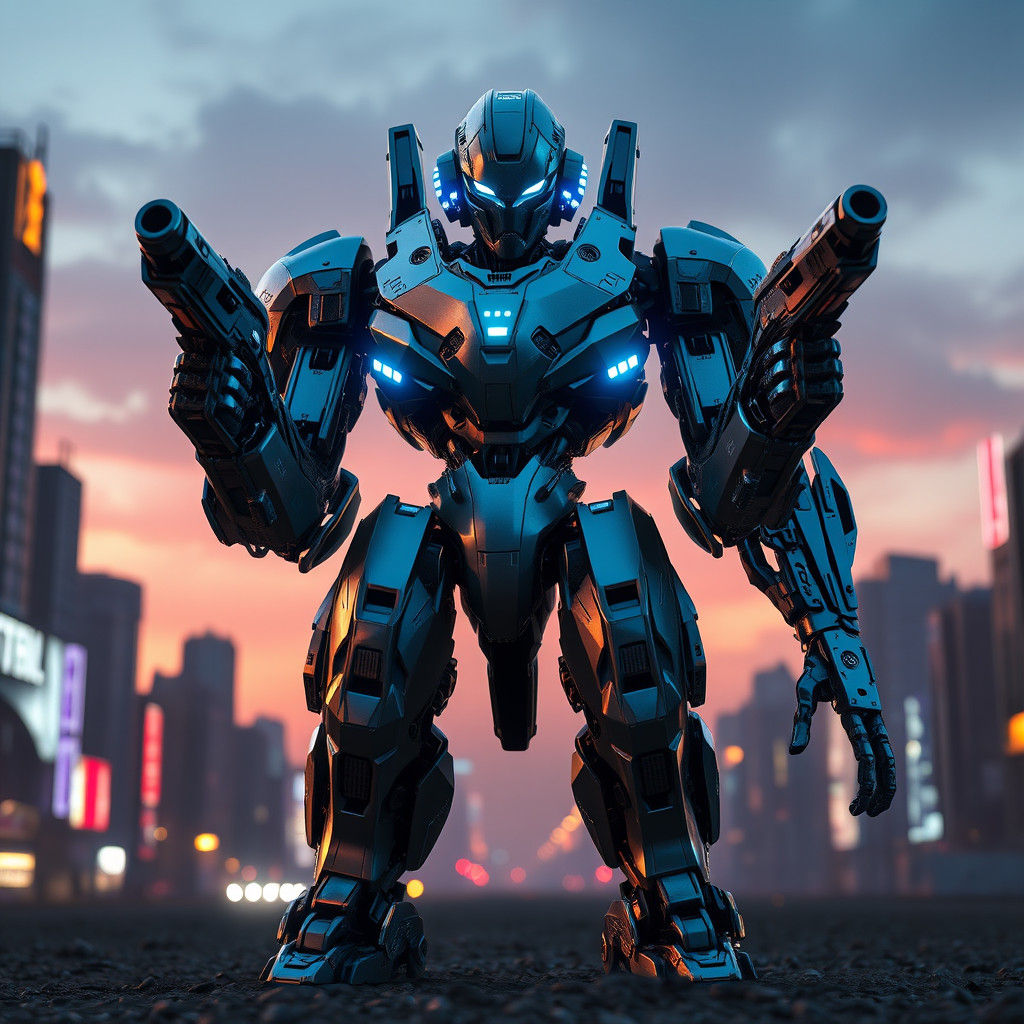 Futuristic Mecha Cyborg with Human Head in Dystopian Citysca...