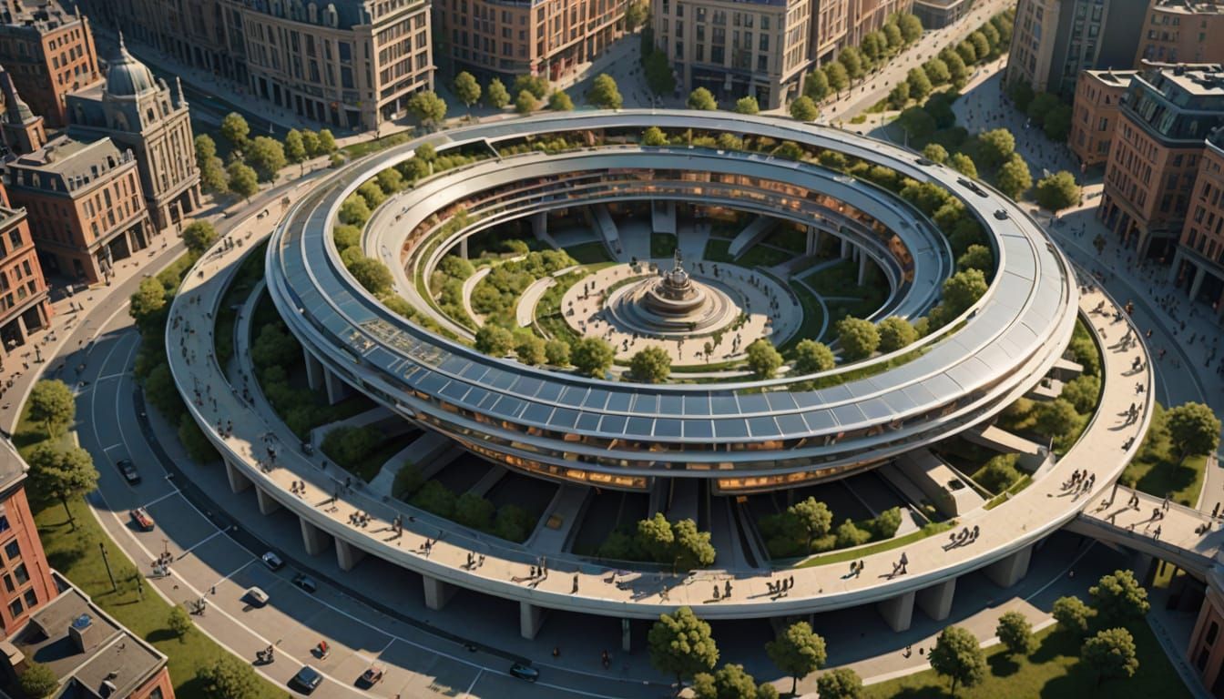 Futuristic Cityscape with Sun-Wheel Districts and Sky Bridge...