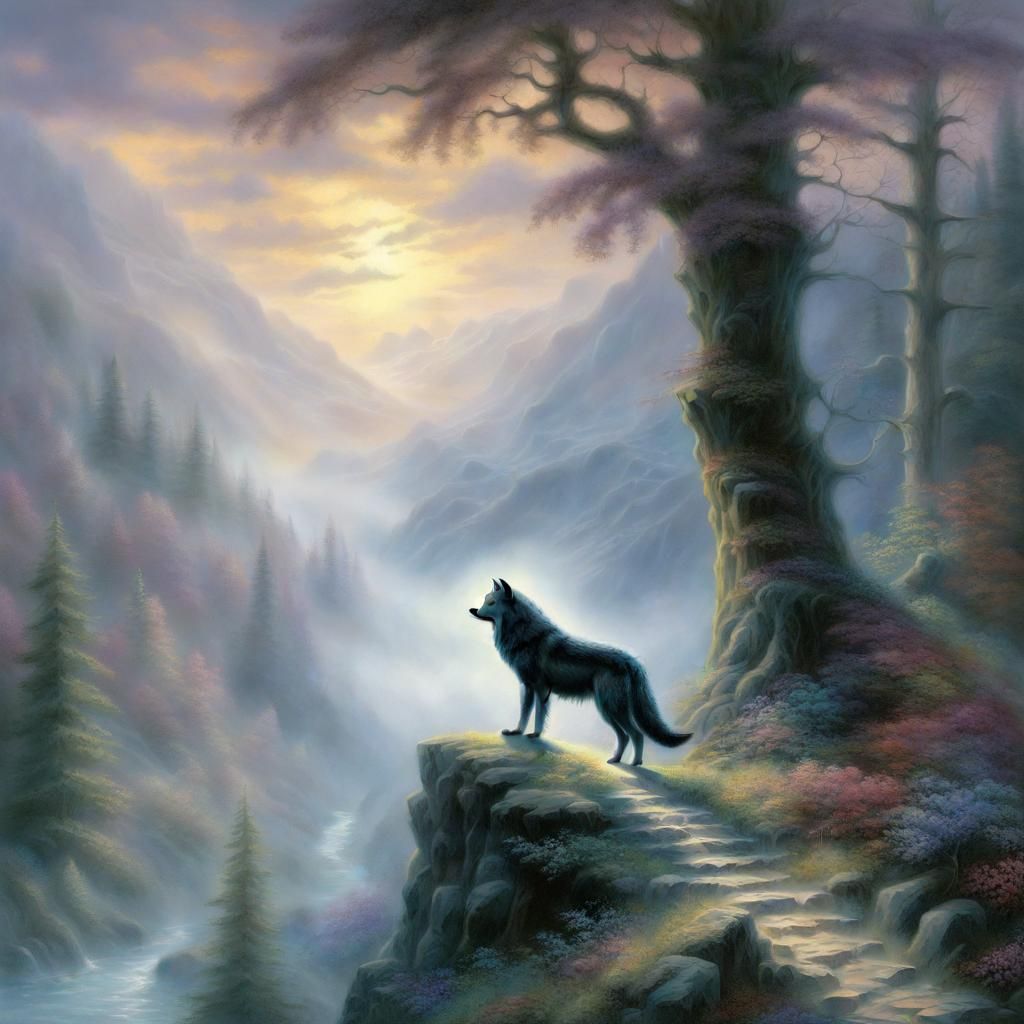 Ethereal Shadow Wolf in Misty Landscape