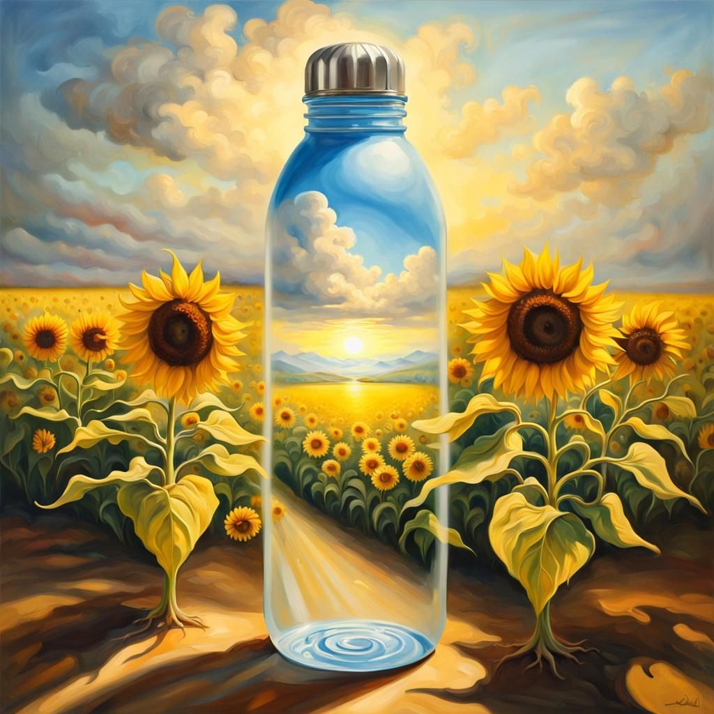 Sunflower Field in Water Bottle, Surreal Oil Painting