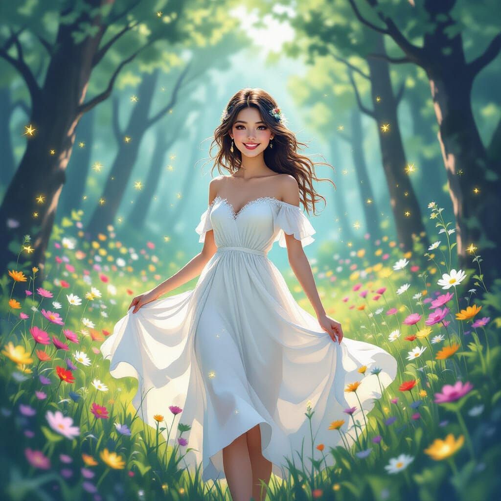 Ethereal Woman in Whimsical Forest, Watercolor Style