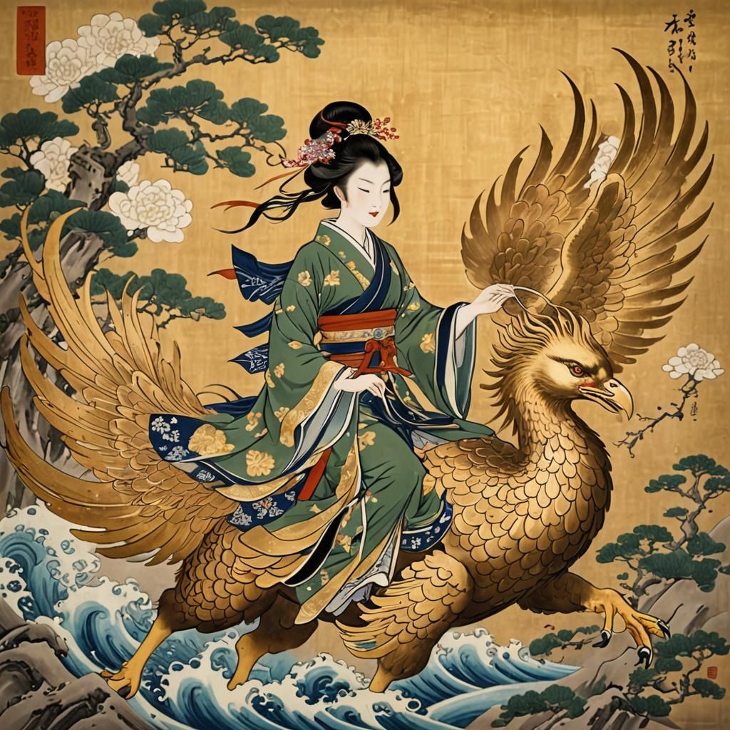 Woman Riding Phoenix in Japanese Painting Style