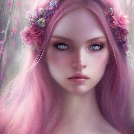 Elven Woman with Pink Hair in Forest