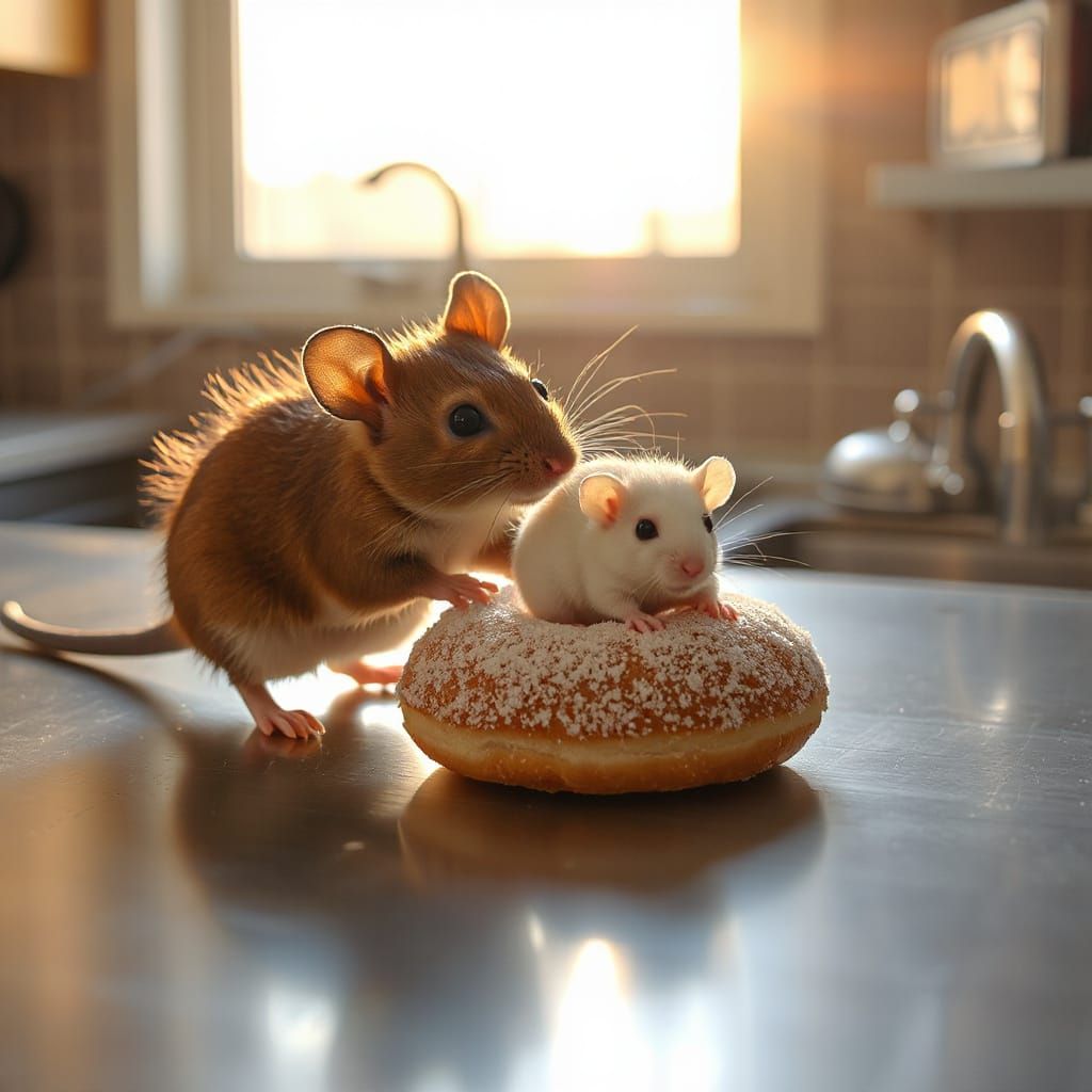 Mice Friends Pushing Donut on Stainless Steel Worktop