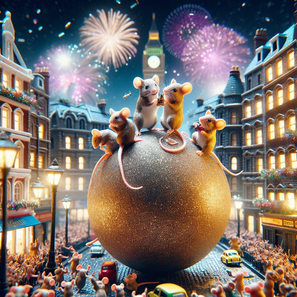 Miniature Mice Celebrate New Year's in Vibrant City Square