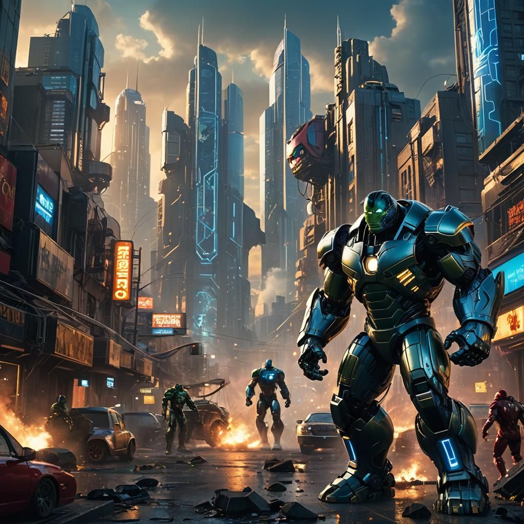 Robotic Hulk vs Ironman in Dystopian Cityscape