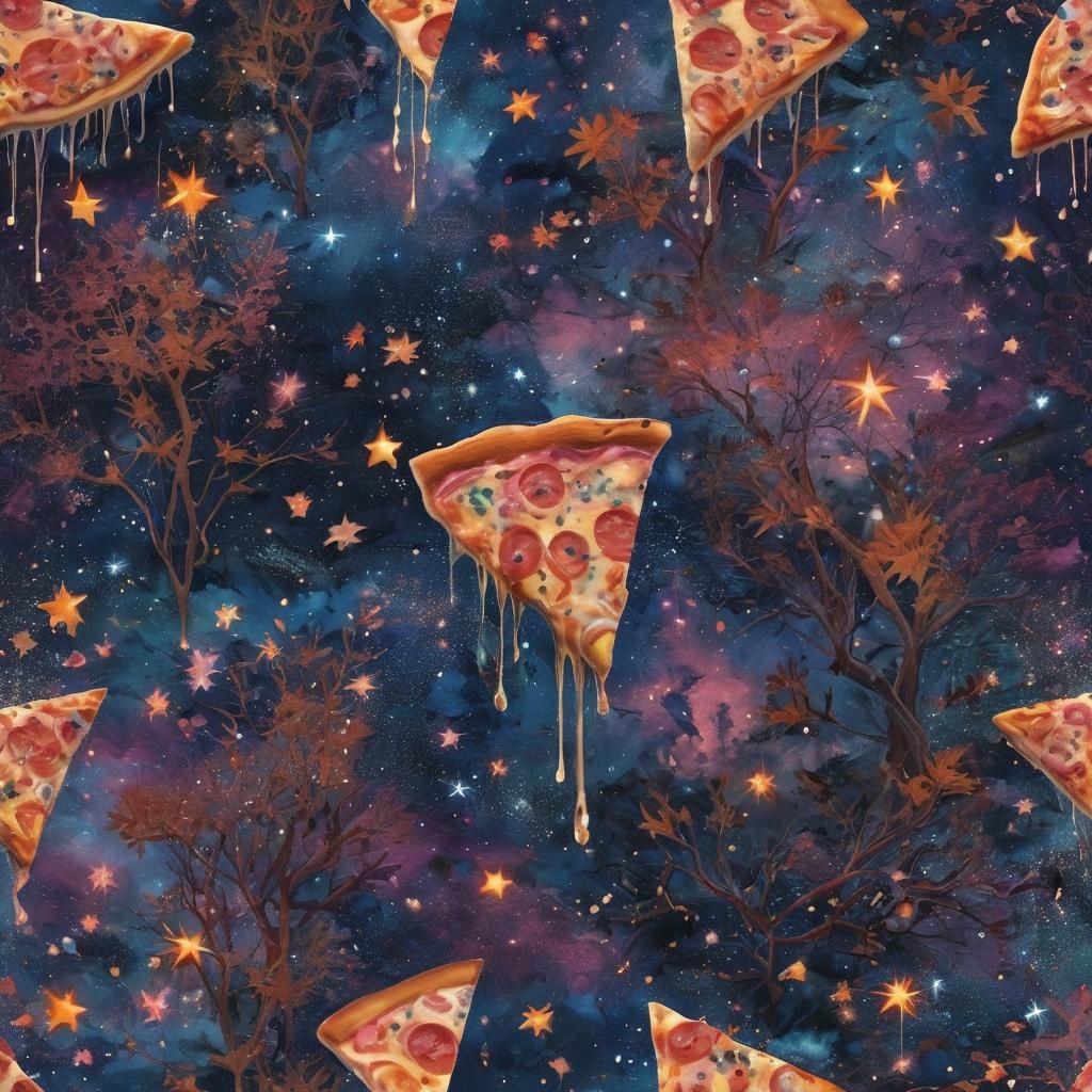 Celestial Pizza Slice in Iridescent Forest